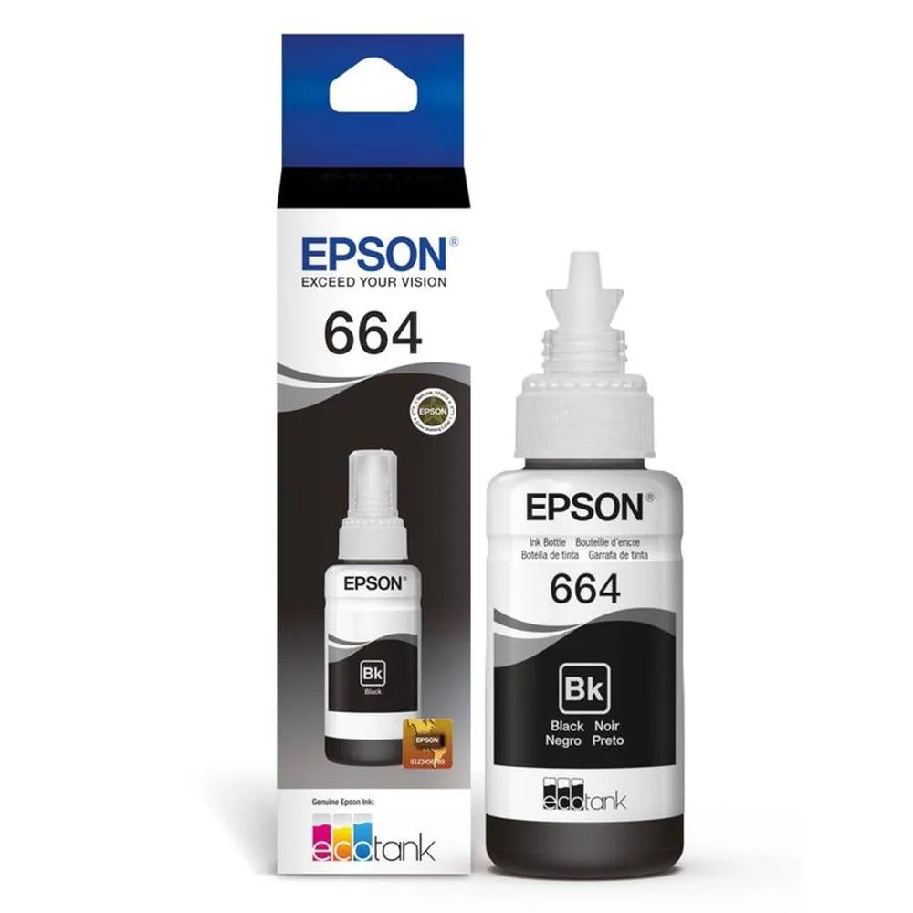 Botella de Tinta Original Epson 664 Negro 70ml para EcoTank L200, L210, L350, L355 y L555