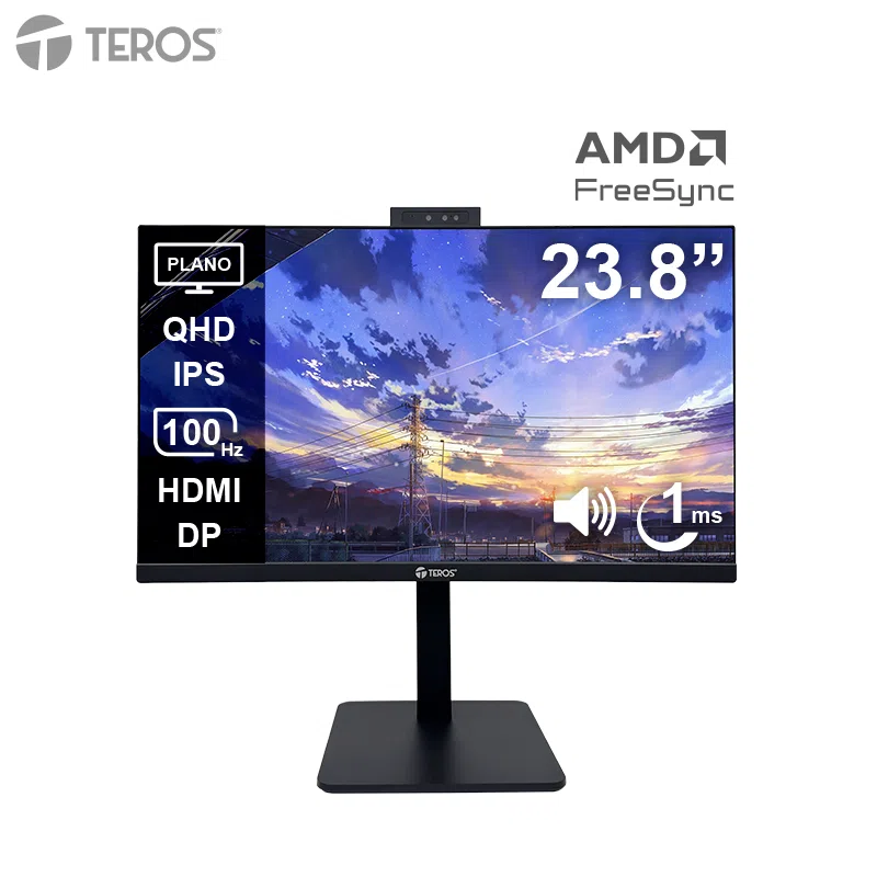Monitor Plano Teros TE-2416CS, 23.8" QHD IPS, 100Hz, 1ms, HDMI, DP, Cámara, Micrófono
