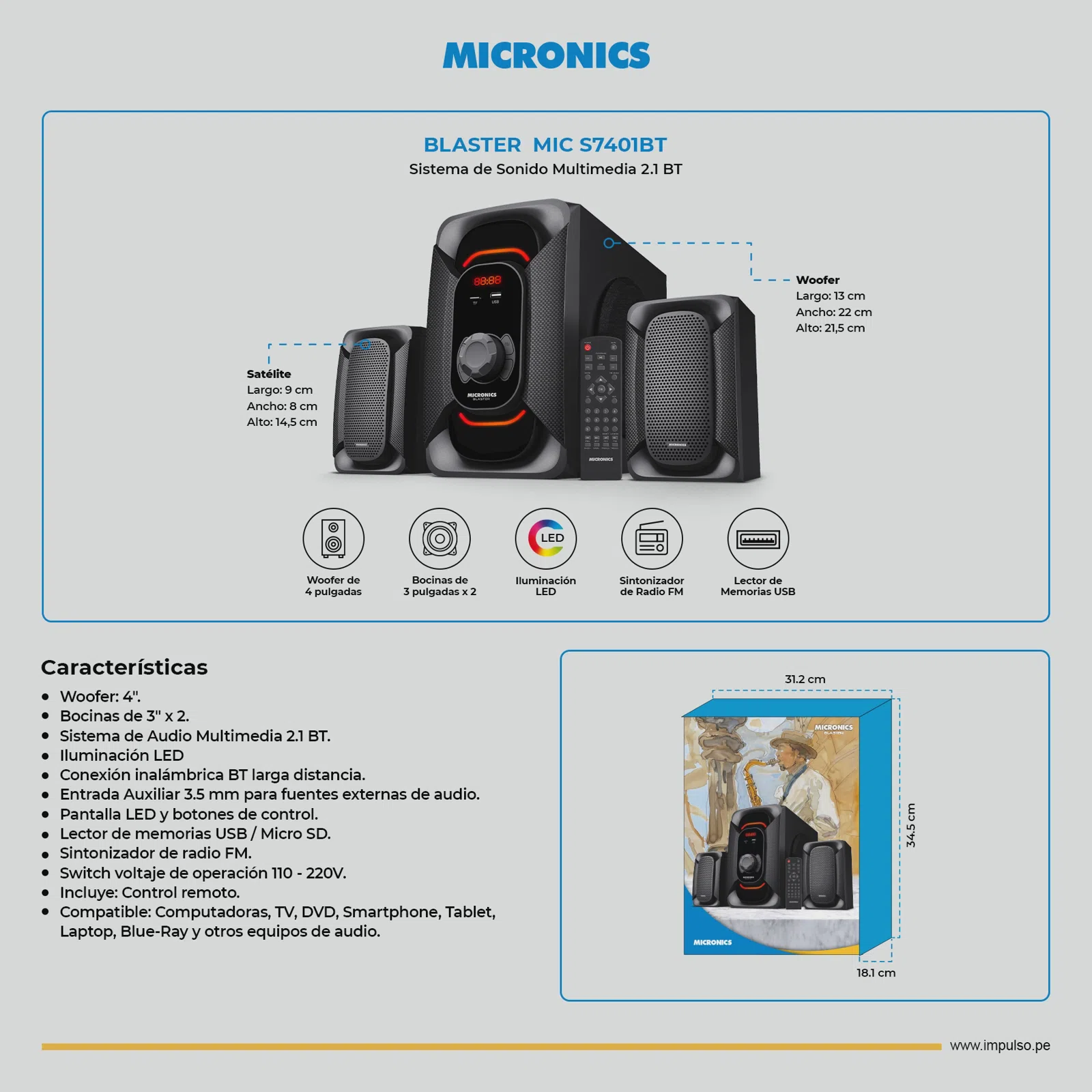 Parlante Micronics Blaster 2.1 / Fm / BT / USB / SD / C.R. Mic S7401BT
