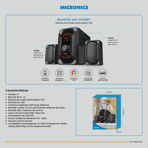 Parlante Micronics Blaster 2.1 / Fm / BT / USB / SD / C.R. Mic S7401BT