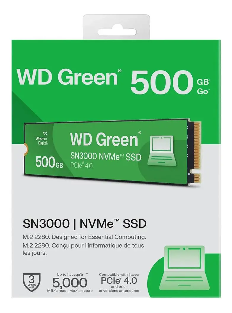 Unidad en Estado Sólido WD Green SN3000 NVMe 500GB M.2 2280, PCIe Gen4 x4 NVMe, 5000 MB/s Lectura y 4100 MB/s Escritura