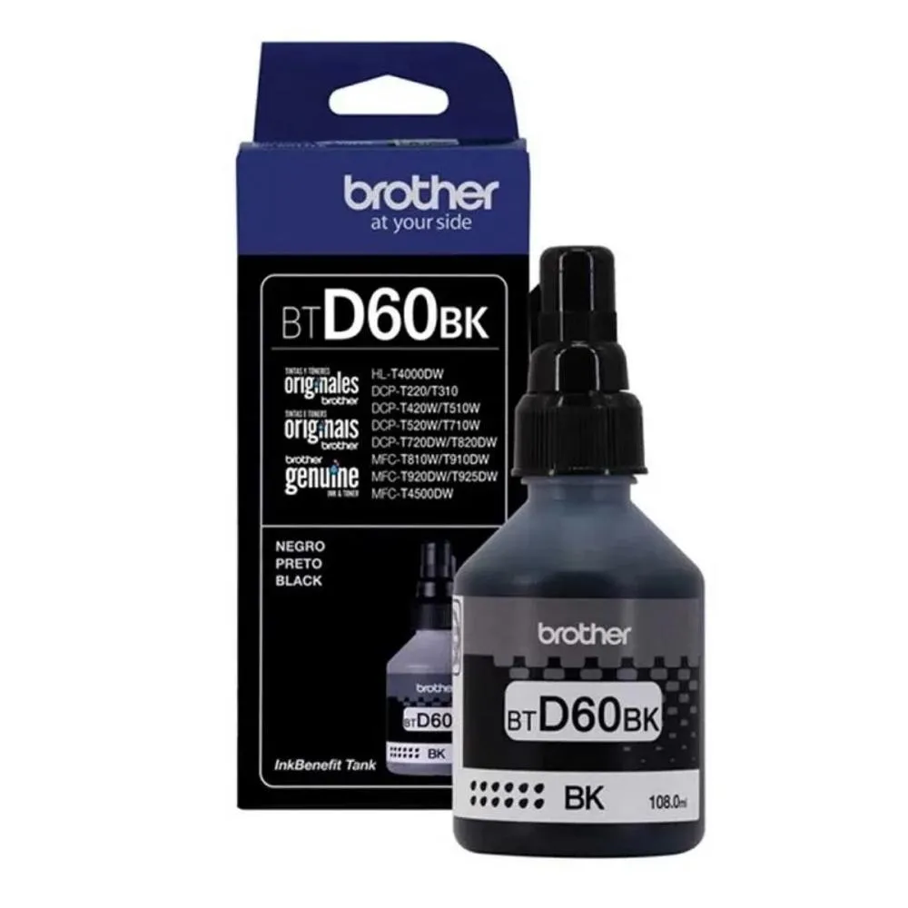 Botella de Tinta Original Brother BTD60BK Negro 108ml, Rendimiento 6,500 Páginas