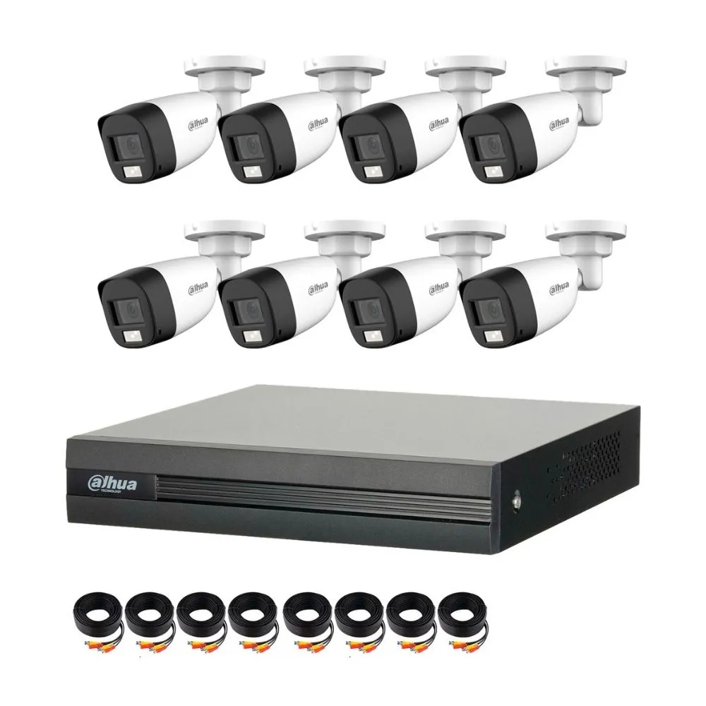 Kit de 8 Cámaras 2MP IR 20M XVR Pentahíbrido H.265+/AI IP67 1TB Dahua KIT‑XVR8C8CH‑1TB‑IL