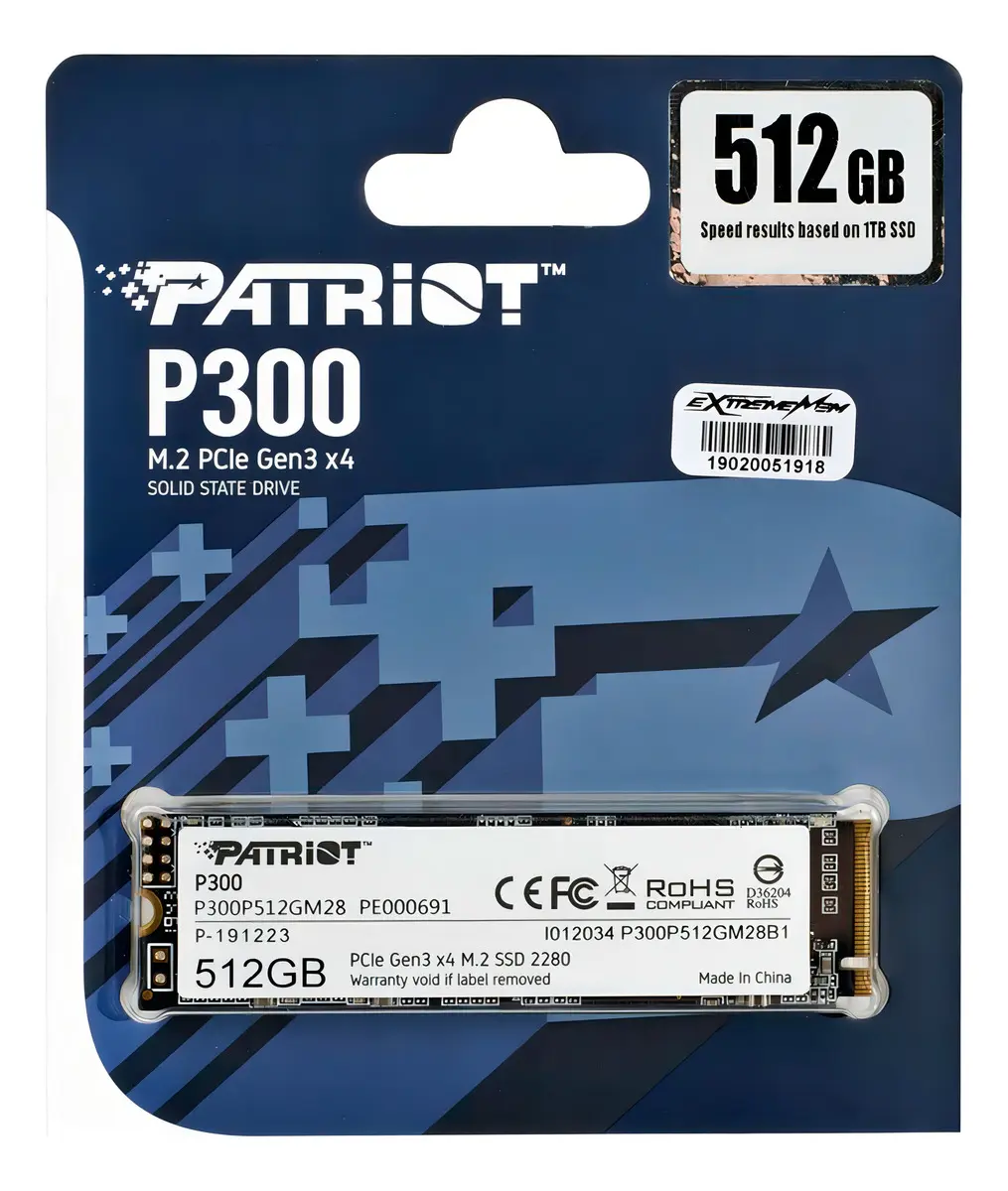 Unidad en Estado Sólido Patriot P300 512GB M.2 2280, PCIe Gen3 x4 NVMe, 1700 MB/s Lectura y 1200 MB/s Escritura