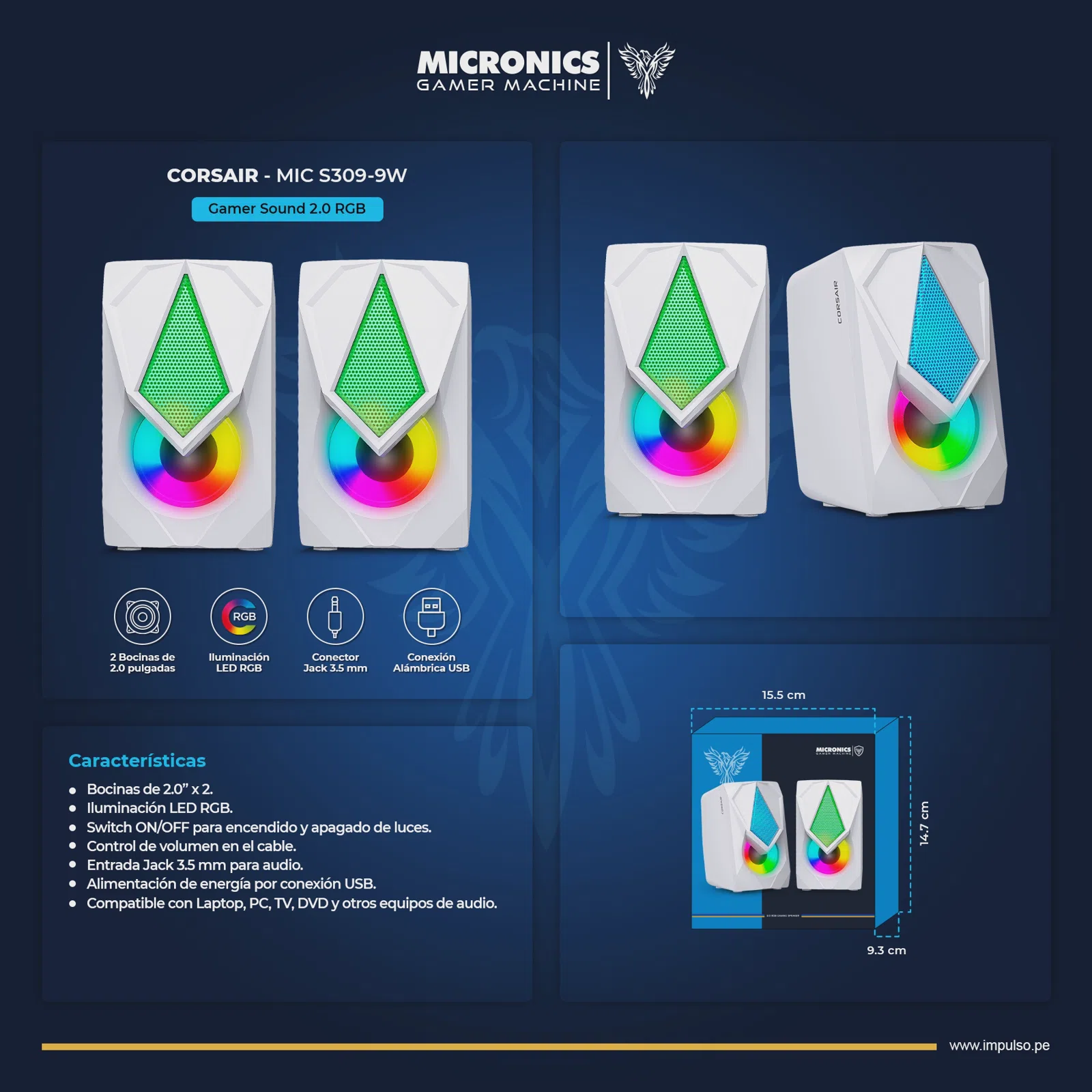 Parlante Micronics Corsair Mic S309-9W / 2.0 / Jack 3.5 / LED RGB
