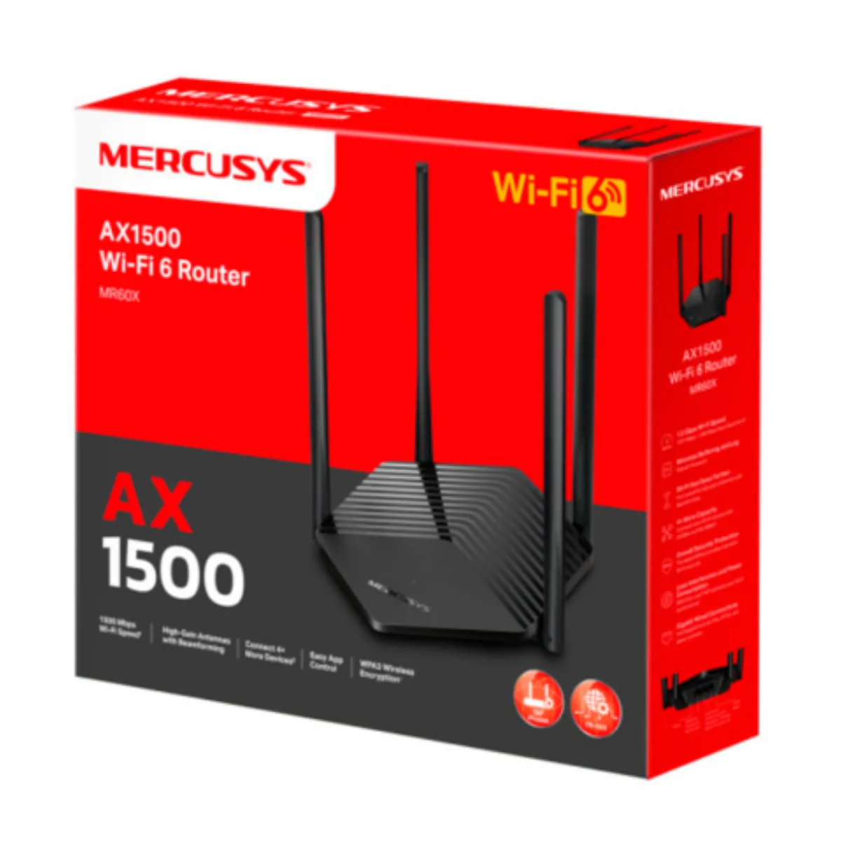 Router Inalámbrico Mercusys MR60X AX1500 Wi-Fi 6 Dual Band, Gigabit Ethernet, 4 Antenas de 5dBi, MU-MIMO