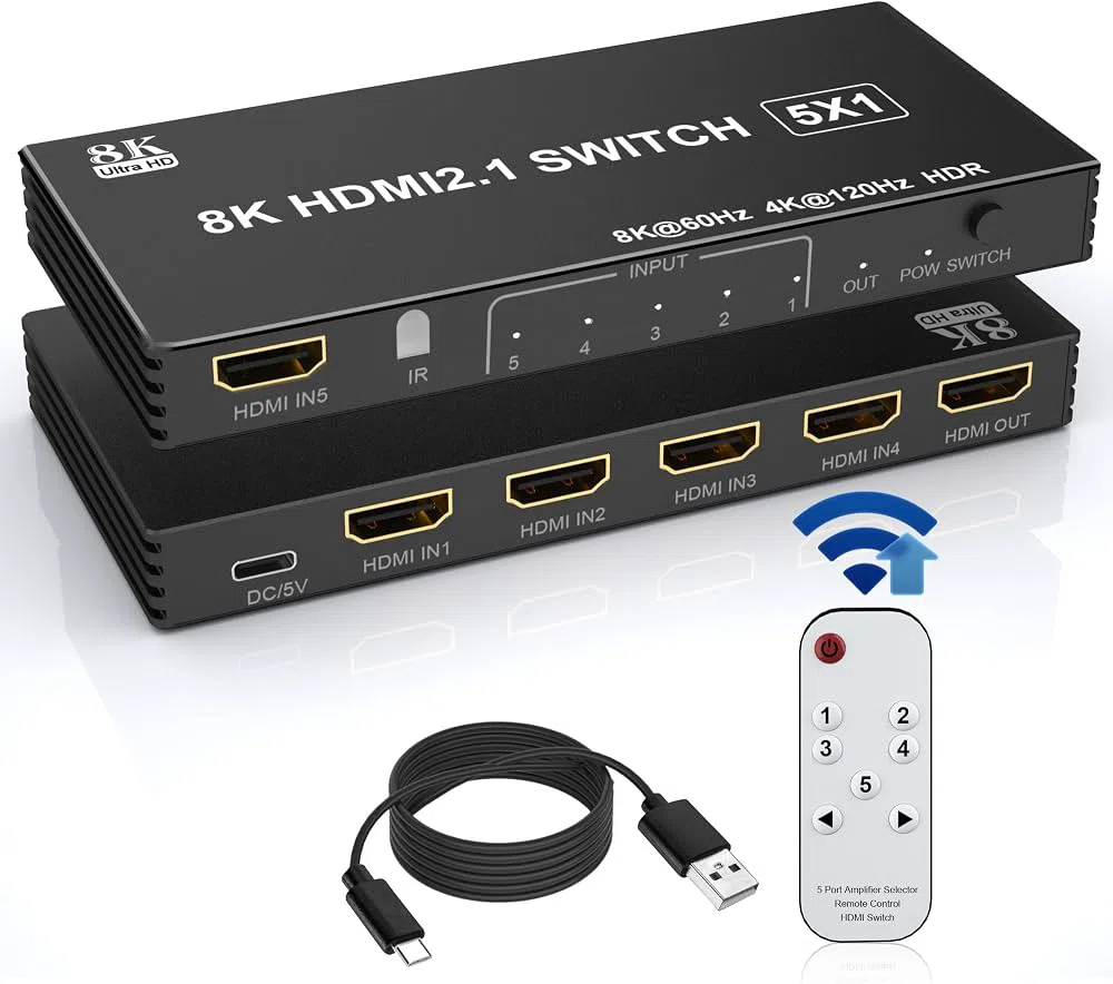 Switch HDMI 1 a 5 Puertos Metal con Selector Divisor -