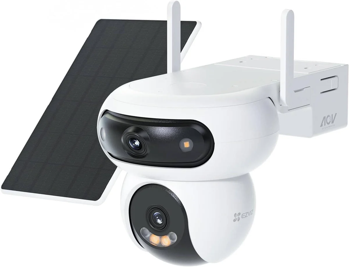Kit Cámara IP Domo PT WiFi 2K+ (4MP+4MP) Full Color con Panel Solar, Ezviz HB90 Dual Kit CS‑HB90/SP‑R100