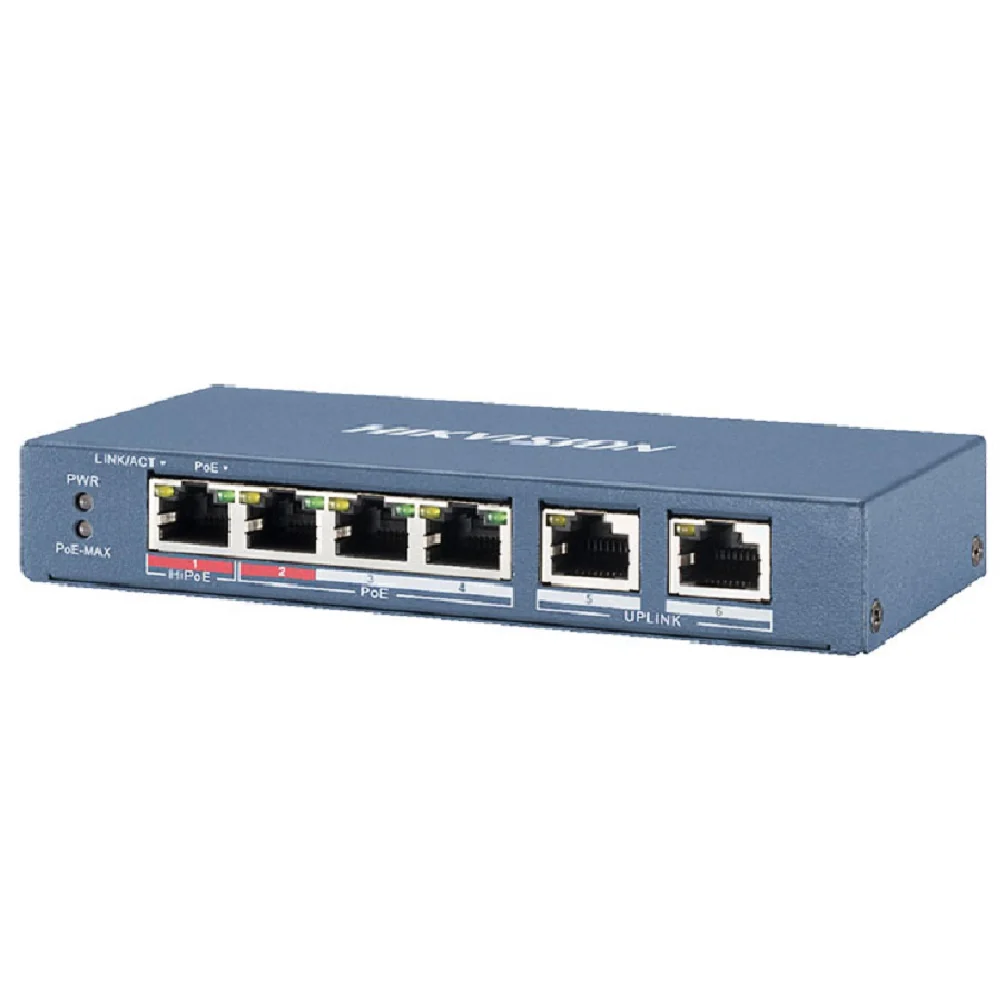 Switch 4 Puertos Hikvision HK-DS-3E0106HP-E 10/100 Mbps PoE (1 Puerto Hi PoE) ,2 Puerto Uplink 10/100 Mbps