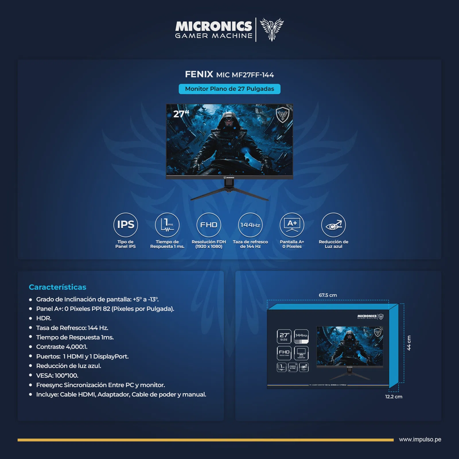 Monitor Gamer Micronics Fenix Flat IPS / 27" / FHD / 144Hz / 1ms